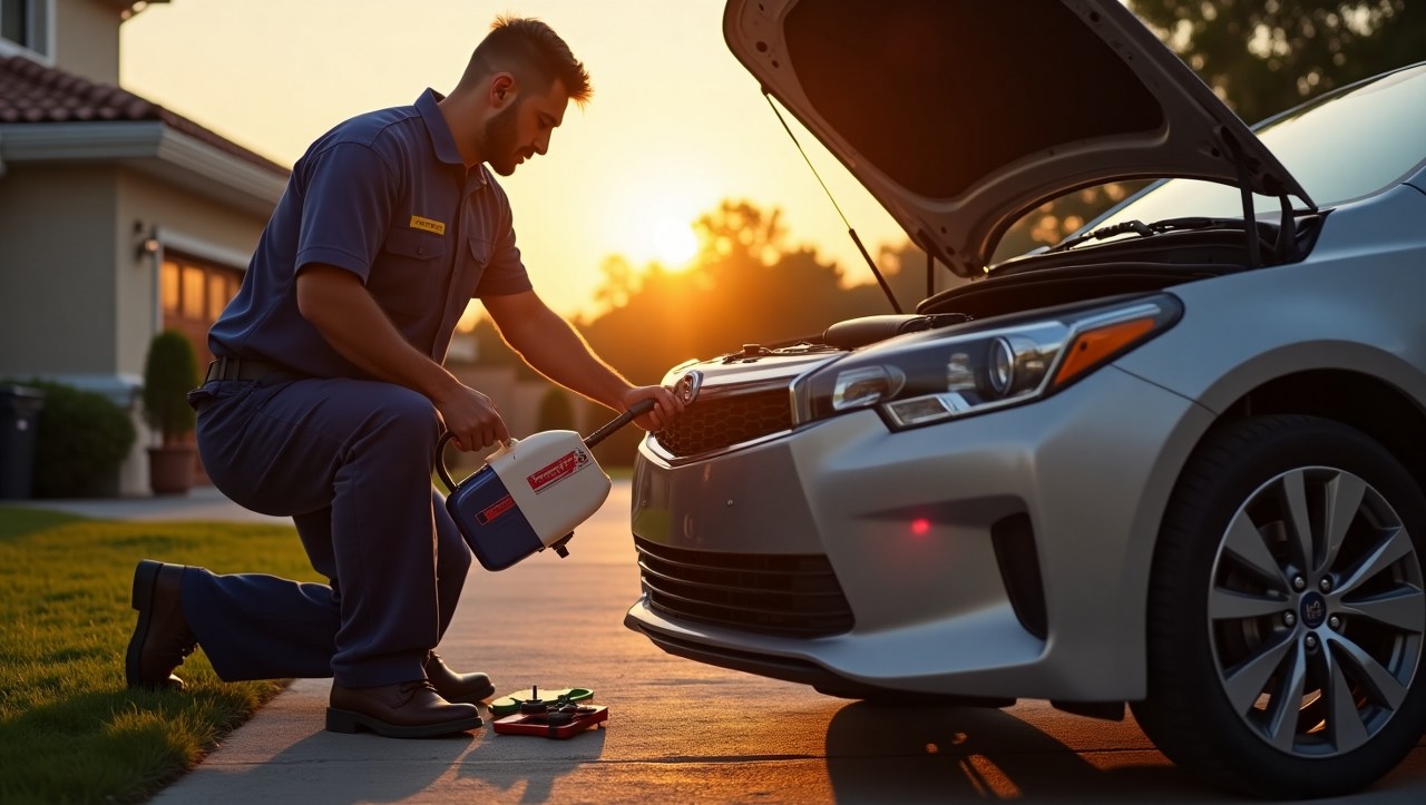A mobile mechanic in a branded van working under the hood of a car on a sunny street in Long Beach, California, with palm trees and the ocean in the background. Tools and coolant containers visible. Casual and professional vibe.