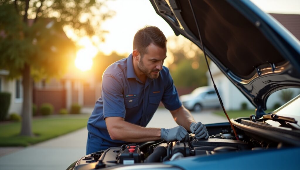 he mechanic is using diagnostic tools and wearing a professional uniform, with a clear, sunny sky in the background, embodying efficiency and professionalism.