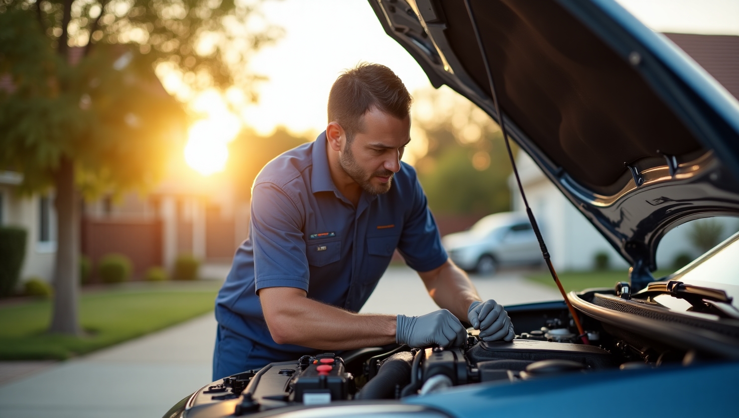 he mechanic is using diagnostic tools and wearing a professional uniform, with a clear, sunny sky in the background, embodying efficiency and professionalism.