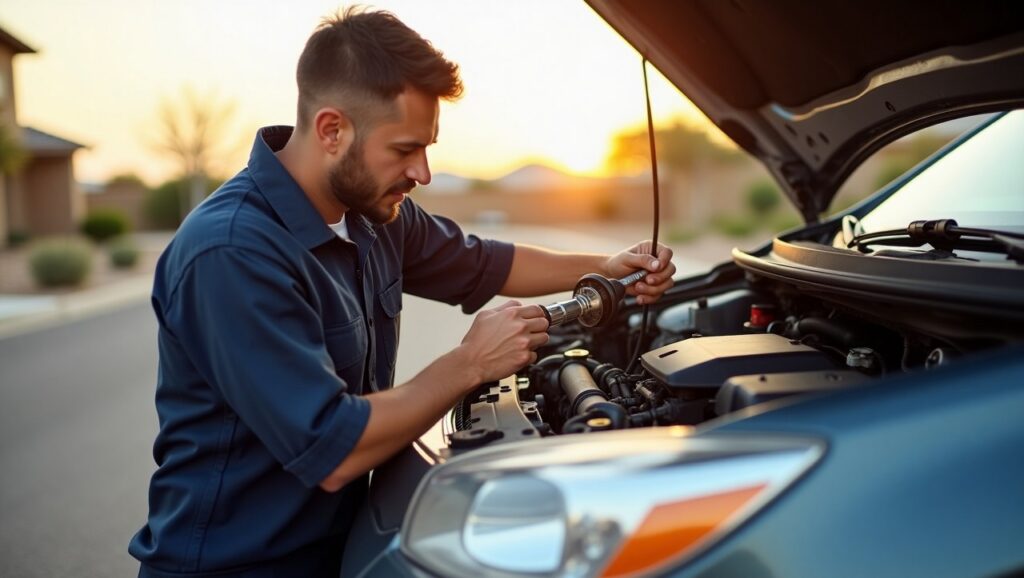 A mobile mechanic in a branded van working under the hood of a car on a sunny street in Long Beach, California,